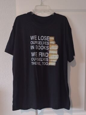 Black Graphic Tee with Stacked Books Print New